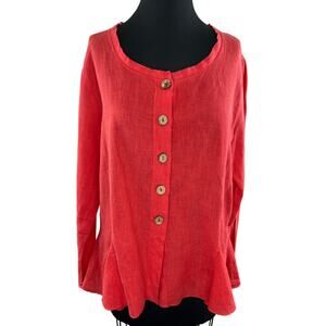 COMPLETO LINO by Arthurio Lagenlook Red Button Long Sleeve Flared Linen Shirt M